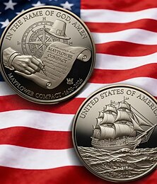 voordelige -Herdenkingsmunt ter ere van het 250-jarig bestaan van de VS, Mayflower Compact 1620–2016 challenge coin, pelgrimsschip &Historisch documentontwerp, duurzaam metalen patriottisch verzamelobject en