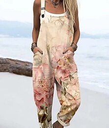 preiswerte -Damen Overall Aktiv Blumen Ärmellos Ärmellos Gerade Quadrathals Tasche Druck Täglich Strand Lässiger Schnitt Blau Gelb Beige Sommer