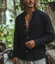 preiswerte -Herren Hemd Leinenhemd Sommerhemd Strandhemd Knopfhemd Einfach Urlaub Ferien Blau Weiß Gelb Grün Langarm Stehkragen Sommer Frühling Bekleidung