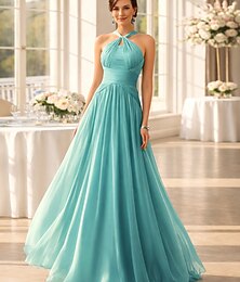 baratos -Linha A Longo Vestidos de baile Elegante Sem Manga Halter pescoço Casamento Chiffon com Pregas Pregueado