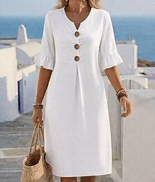 economico -Per donna Abito Midi Abiti effetto lino Abito a Tubino Casual Quotidiano Vestibilità comoda Semplice Manica 3/4 Scollo a V Blu Nero Bianco Verde Estate Primavera Autunno