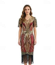preiswerte -Goldene Zwanziger 1920er Retro Vintage Knielang Flapper Kleid Kurze Ärmel Der große Gatsby Charleston Pailletten Quastenfransen V Ausschnitt Kostüm Damen Halloween Karneval Party & Abend Erwachsene