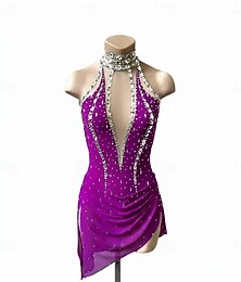 preiswerte -Eiskunstlaufkleid Damen Eislaufen Kleid Violett Patchwork Offener Rücken Dehnbar Training Wettbewerb Eiskunstlaufkleidung Klassisch Kristall / Strass Ärmellos Eislaufen Eiskundstlauf