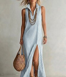 voordelige -Dames Maxi-jurk Casual jurk Gestreepte jurk Elegant Modieus Dagelijks Vakantie Ruim Passend Gestreept Mouwloos Opstaand blauw Blozend Roze Groen Zomer Lente