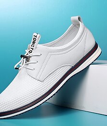 voordelige -Witte casual vetersneakers voor heren, lichtgewicht, ademend en comfortabel om mee te wandelen, smart casual lage schoenen voor dagelijks gebruik, reizen, woon-werkverkeer en weekenduitjes.