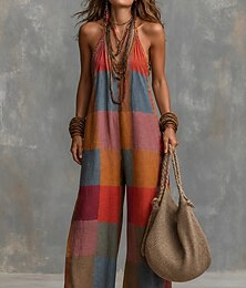 preiswerte -Boho-Jumpsuit für Damen, farbenfroh, kariert, ärmellos, weites Bein, Neckholder, Patchwork, lockere Passform, rot, Sommer