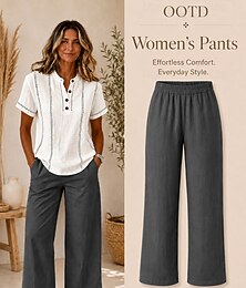 abordables -Mujer Perneras anchas Pantalones Pantalones casuales Vacaciones Moda Ropa de calle Longitud total Alta cintura Plano Bolsillo Cintura elástica Cómodo Transpirable Rígido Diario Vacaciones Calle Gris