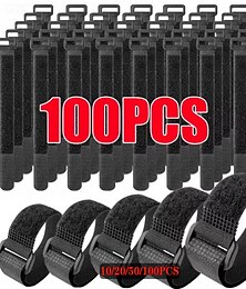 お買い得  -10/20/50/100個入りケーブルタイ、再利用可能、粘着式、黒色、幅20mm、ナイロン製、逆バックル、ラインワイヤーオーガナイザー、フックループ、束ねて固定するための留め具、結束バンド、コード管理用。