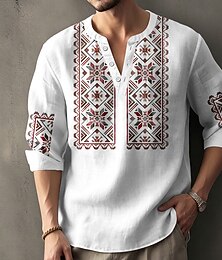 お買い得  -男性用 幾何学模様 エスニック シャツ ヘンリーシャツ チュニック 長袖 ヴィンテージレトロ 日常 ビーチでの休暇 夏 春 Ｖネック ボタンアップ 3Dプリント リネンライクシャツ ブルー ホワイト ピンク カーキ色