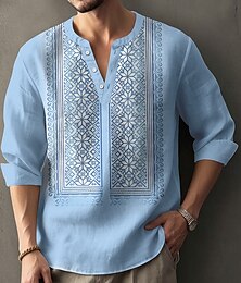 お買い得  -男性用 幾何学模様 スノーフレーク柄 エスニック シャツ ヘンリーシャツ チュニック 長袖 ヴィンテージレトロ 日常 ビーチでの休暇 夏 春 Ｖネック ボタンアップ 3Dプリント リネンライクシャツ ブルー ホワイト グリーン