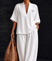 abordables -Femmes Chemise Ensembles en coton et lin Ensembles de Pantalons Manche Courte Col en V Fleuri Graphique Géométrique Imprimé Vacances Mode Streetwear Occasionnel Quotidien Extérieur Bleu Blanche Jaune