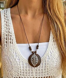preiswerte -Lange Boho-Halskette mit Anhänger für Damen – Vintage-Holz &Pulloverkette aus Legierung mit Perlen und Blatt &Lebensbaum-Anhänger für den Sommerurlaub am Strand, lässige Alltagskleidung &Geschenk für