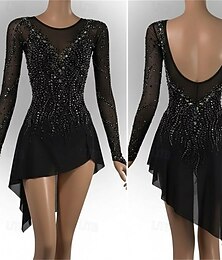 abordables -Vestido de patinaje artístico Mujer Patinaje Sobre Hielo Vestidos Negro Retazos Dedo Pulgar Alta elasticidad Entrenamiento Competición Ropa de Patinaje Clásico Cristal / Strass Manga Larga Patinaje