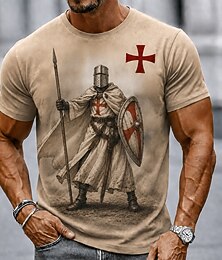 abordables -Hombre Caballeros templarios Cruz Camiseta Manga Corta Camiseta Impresión 3D Cuello Barco Camisa Religioso Diario Calle Festivos Marrón Caqui Todas las Temporadas Ropa S M L XL XXL XXXL
