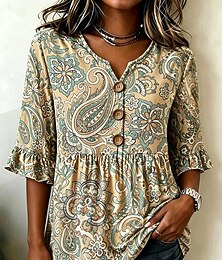 preiswerte -Damen Bluse Knöpfe Druck Blumen Grafik Paisley-Muster Vintage Stilvoll Modern Halbarm V Ausschnitt Normale Oberteile Lässig Täglich Weiß Gelb Grün Sommer Frühling