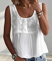 preiswerte -Damen Oberteil mit Spitzenspleiß Elegant Bohemien Urlaub Ärmellos Rundhalsausschnitt Normale Oberteile Lässig Weiß Sommer Frühling