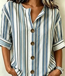 economico -Per donna Camicia Stampato Grafico Geometrico A righe Elegante Vintage Classico Mezza Manica Scollo a V Top Regolari Casuale Quotidiano Ferie Blu Estate Primavera