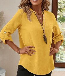preiswerte -Damen Baumwoll-Leinen-Hemden Sommeroberteile Bluse Elegante Oberteile Gerafft Patchwork Tasche Einfarbig Einfach Elegant Vintage Damen Dreiviertelarm Hemdkragen Normale Oberteile Täglich Arbeit