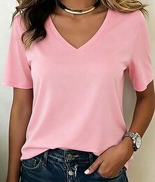 お買い得  -女性用 Tシャツ ティートップ グラフィック 平織り スタイリッシュ クラシック 半袖 Ｖネック レギュラートップス カジュアル ビーチ 夏 ブルー ブラック ホワイト ライトグリーン ピンク 夏 春