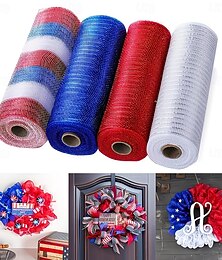 preiswerte -4 Rollen Dekonetz zum Unabhängigkeitstag am 4. Juli, je 25 cm x 9 m, metallisch glänzendes Netzband in Rot, Königsblau und Weiß, geeignet für Kränze, Dekorationen, Bastelarbeiten und Partys
