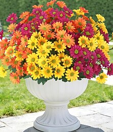 abordables -12 bouquets de chrysanthèmes artificiels pour l'extérieur, fausses marguerites jaunes et oranges en soie, imitation fleurs réalistes, décoration pour jardin, pot de fleurs, entrée, porche, printemps