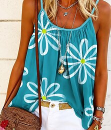 baratos -Mulheres Blusa Imprimir Frente Única Floral Gráfico Plantas Boêmia Vintage Tropical Sem Manga Correias Tops regulares Casual Diário Azul Branco / Verde Roxo Claro Verão Primavera