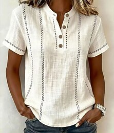voordelige -Dames T-shirt Henley-shirt Knop Gestreept Modieus Korte mouw Henley Normale tops Casual Strand Zomer Wit Lichtgroen Marineblauw Hemelsblauw Oranje Zomer Lente