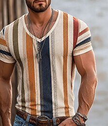 abordables -Hombre Bloque de color Rayas Camiseta Manga Corta Camiseta Impresión 3D Escote en Pico Camisa Vacaciones Casual Diario Festivos Rojo Naranja Marrón Primavera verano Ropa S M L XL XXL XXXL