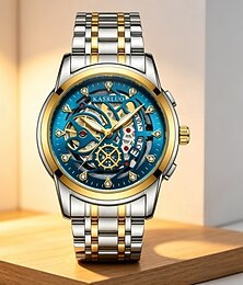 baratos -Relógio masculino de luxo com design esqueleto, mostrador vazado azul, bicolor em aço inoxidável, com indicador de data e marcadores de diamante. Ideal para negócios e ocasiões formais. Resistente à