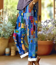 billiga -Dam Konstbomullslinne Brett skaft Casual byxor Byxor Semester Mode Streetwear Fullängd Medium Midja Grafisk Geometrisk Abstrakt Ficka Elastisk midja Mönster Bekväm Komfort Mateial som andas Oelastisk