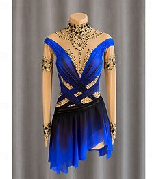 abordables -Vestido de patinaje artístico Mujer Patinaje Sobre Hielo Vestidos Azul Oscuro Retazos Dedo Pulgar Elástico Entrenamiento Competición Ropa de Patinaje Clásico Cristal / Strass Manga Larga Patinaje