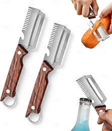 abordables -2 piezas 3 en 1 pelador de verduras multifuncional con orificio para colgar, abridor de botellas de acero inoxidable y rallador con mango de madera engrosado, utensilios de cocina para papas, frutas,
