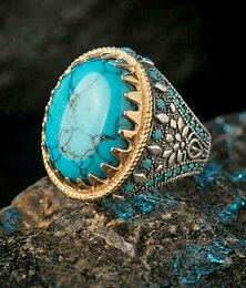 preiswerte -Herrenring im Boho-Stil mit Türkis – Statement-Ring aus Vintage-Legierung mit großem ovalem Stein &Blumenschnitzereien, verschiedene Größen für Sommerstrand, Freizeit und Partys &Schmuck für