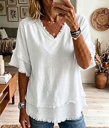 preiswerte -Damen Bluse Einfarbig Vintage Stilvoll Basic Kurzarm V Ausschnitt Normale Oberteile Lässig Täglich Blau Schwarz Weiß Gelb Rosa Sommer Frühling