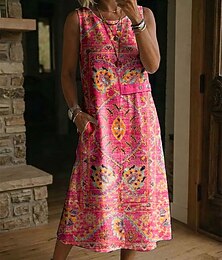 preiswerte -Damen Midikleid Sommerkleid Freizeitkleid A Linie Kleid Elegant Urlaub Stilvoll Strand Ferien Normale Passform Grafik Paisley-Muster Ärmellos Rundhalsausschnitt Blau Gelb Rosa Purpur Sommer Frühling