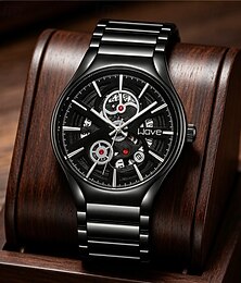 baratos -Relógio masculino esqueleto, todo preto, elegante, para negócios, quartzo, pulseira de aço inoxidável, à prova d'água, com mostrador vazado. &Exibição de data, presente luxuoso e moderno para ele, 3