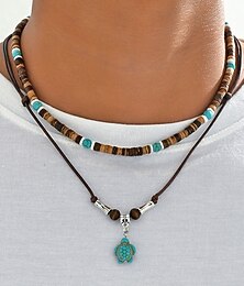 preiswerte -Herren-Halskette im Boho-Stil mit zweireihiger Holzperlenkette und türkisfarbenem Schildkrötenanhänger, lässiger Strandurlaubsschmuck für den Alltag