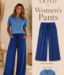 abordables -Femmes Pantalons Pantalon d'été Pantalons Amples Vacances Mode Basique Longueur complète Taille haute Cordon de serrage Taille Élastique in in france they say Pontalon wide leg Confort Léger Doux Non
