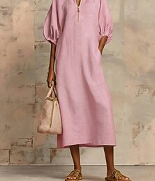 baratos -Mulheres Vestido midi Vestido de turno Vestido de verão Casual Diário Ajuste Largo Tecido Manga 3/4 Decote V Preto Branco Rosa Azul Céu Verão Primavera