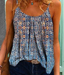 baratos -Mulheres Camisa Social Blusa Imprimir Gráfico Geométrica Estampado Cashemere Boêmia Vintage Moda Sem Manga Correias Tops longos Casual Diário Azul Verão Primavera