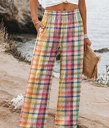 abordables -Pantalones chinos de mujer con textura de gofre, pierna ancha, básicos, de largo completo, cintura media, estampado de rayas, cómodos, inelásticos, azules, de verano y primavera, corte holgado.