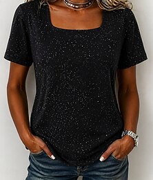 お買い得  -女性用 Tシャツ ティートップ ラインストーン 純色 ファッション スタイリッシュ クラシック 半袖 スクエアネック レギュラートップス カジュアル 日常 お出かけ ブラック ホワイト ブラウン グレー 夏 春