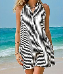 baratos -Mulheres Minivestido Vestidos Para o Verão Vestido listrado Vestido de verão Elegante Moda Praia Férias Normal Listrado Sem Manga Halter pescoço Azul Vermelho Cáqui Azul Escuro Verão Primavera