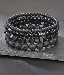 preiswerte -4-teiliges Boho-Armbandset für Herren aus Natursteinen – schwarzer Lavastein &Matte, onyxfarbene Perlen-Armbänder aus Stretchmaterial – perfekt für Strand, Freizeit und Yoga im Sommer.