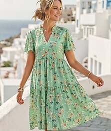 preiswerte -Damen Knielanges Kleid Shiftkleid Urlaub Lässig Strand Strand Normale Passform Blumen Grafik Kurzarm V Ausschnitt Blau Weiß Rosa Grün Sommer Frühling