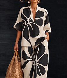 economico -Per donna Camicia Set di biancheria in cotone Set di Pantaloni Manica Corta Scollo a V Floreale Grafico Geometrico Stampato Vacanza Moda Streetwear Casuale Quotidiano All'aperto Nero Bianco Primavera