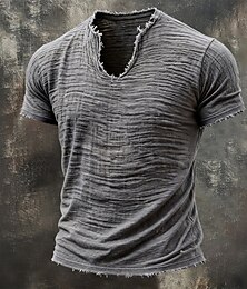 abordables -Hombre Camiseta Camiseta de lino Manga Corta Escote en Pico Verano Primavera Color sólido Con Texturas Vacaciones Vintage Deportes Crudo Casual Hogar Exterior Negro Blanco Vino Camiseta superior para