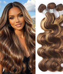 preiswerte -3er-Pack Haarverlängerungen, 18 20 20 Zoll, Highlights P4/27, Body Wave, Echthaar-Bundles