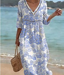 baratos -Mulheres Vestido midi Vestido de renda Vestido de turno Vestidos Para o Verão Vestido de verão Férias Festa Casual Diário Escritório Praia Floral Gráfico Manga 3/4 Decote V Azul Branco Roxo Claro