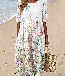 preiswerte -Damen Midikleid Etui-Kleid T-Shirt-Kleid A Linie Kleid Sommerkleid Urlaub Lässig Boho Täglich Sommerkleid Frühlingskleid Lässiger Schnitt Blumen Grafik Kurzarm Rundhalsausschnitt Blau Weiß Hell Orange